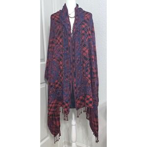 Kashmiri Gipsy Folk Boho Red Blk Buffalo Plaid Paisley Tassel Shawl Wrap 80x40"